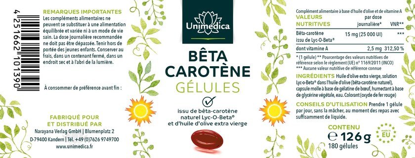 Bêta-carotène - avec Lyc-O-Beta® - 25 000 UI - 180 gélules molles - par Unimedica