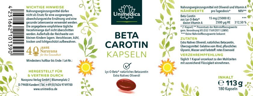 Beta Carotin - aus Lyc-O-Beta® - 15 mg - 25.000 IE pro Tagesdosis (1 Kapsel) - 180 Softgelkapseln - von Unimedica