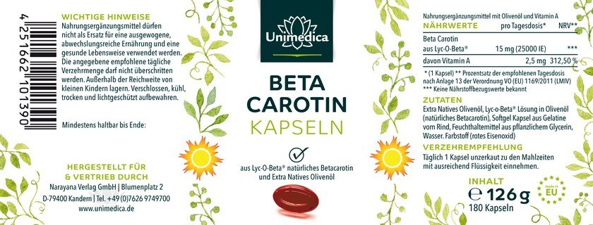 Beta Carotin - aus Lyc-O-Beta® - 15 mg - 25.000 IE pro Tagesdosis (1 Kapsel) - 180 Softgelkapseln - von Unimedica