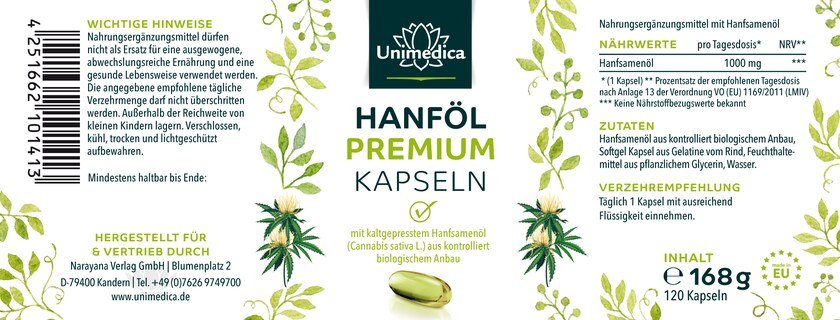 Hanföl Premium - 1.000 mg - 120 Softgelkapseln - von Unimedica