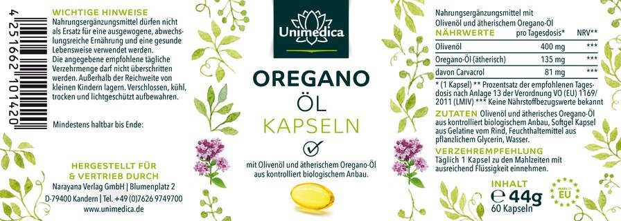 Oregano Öl - 135 mg - 60 Softgelkapseln - von Unimedica