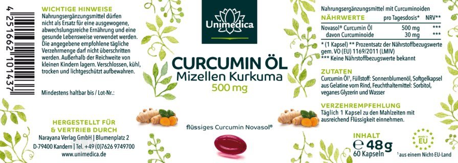 Curcumin Öl - Mizellen Kurkuma - 500 mg pro Tagesdosis ( 1 Kapsel) - 60 Softgelkapseln - von Unimedica