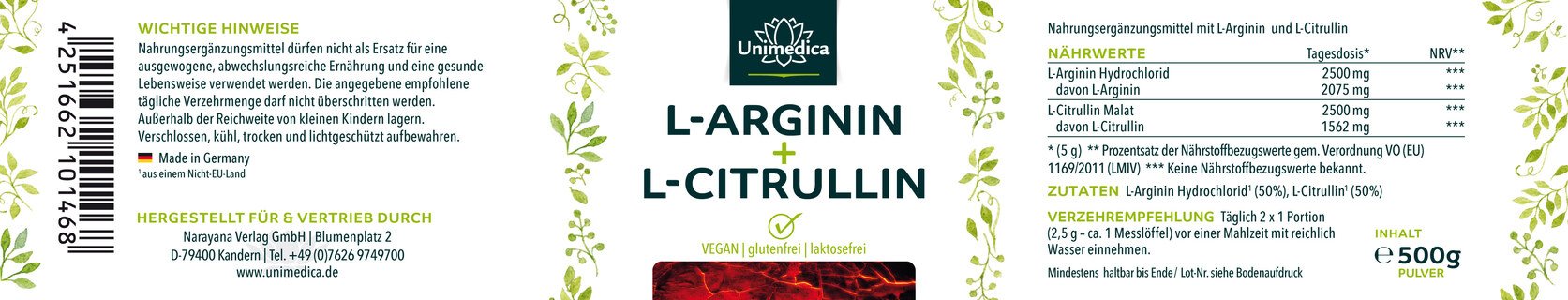 L-Arginin + L-Citrullin 500 g - Pulver - von Unimedica - Sonderangebot* - Mindesthaltbarkeitsdatum: 31.05.2025