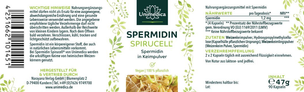 Spermidin Spirucell® - 0,8 mg pro Tagesdosis (4 Kapseln) - 90 Kapseln - von Unimedica