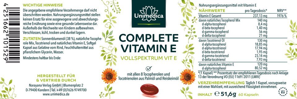 Vitamin E Complete - Vollspektrum - 237 mg - 60 Softgelkapseln - von Unimedica