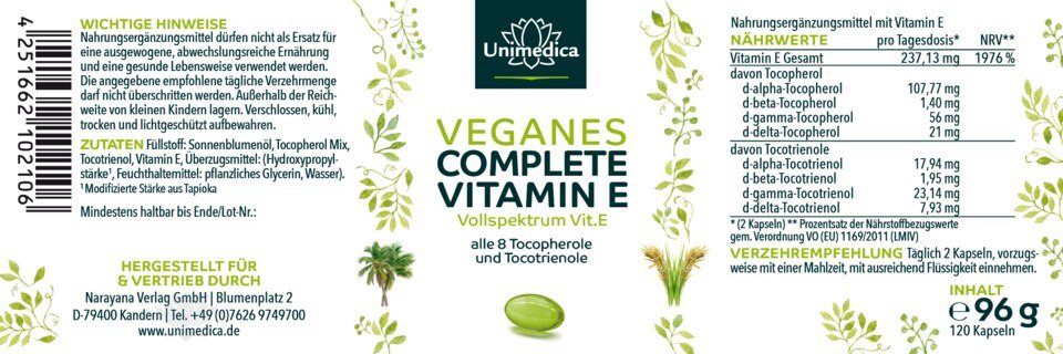 Vitamin E - Veganes Complete mit allen 8 Vitamin E-Formen: 4 Tocopherole und 4 Tocotrienole - 237 mg natürliches Vitamin E pro Tagesdosis (2 Kapseln) - 120 Kapseln - von Unimedica