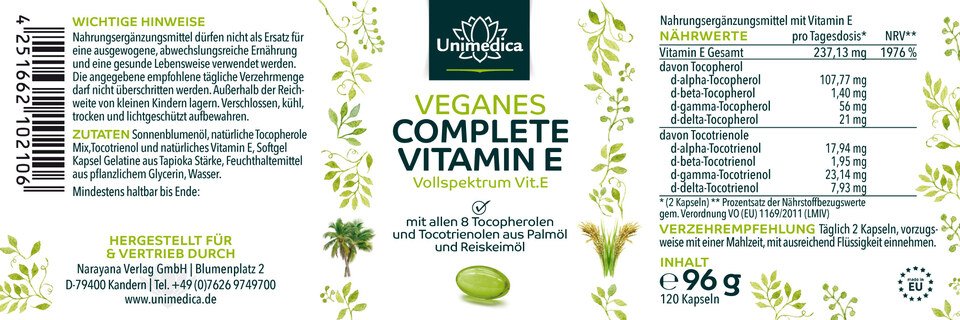 Vitamin E - Veganes Complete - 237 mg - 120 Kapseln - von Unimedica
