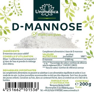 D-mannose  2 000 mg par dose journalière - 200 g de poudre - par Unimedica