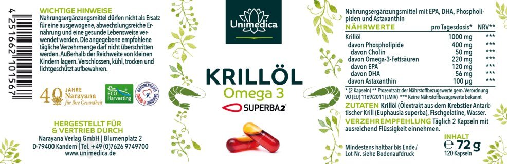 Krillöl SUPERBA 2™ - reich an Omega-3-Fettsäuren EPA + DHA - 1.000 mg Krillöl pro Tagesdosis (2 Kapseln) - 120 Hartgelkapseln (Licaps®) - von Unimedica - Topangebot