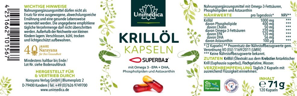 Krillöl SUPERBA 2 - reich an Omega-3-Fettsäuren EPA + DHA - 1.000 mg pro Tagesdosis - 120 Softgelkapseln - von Unimedica - Topangebot