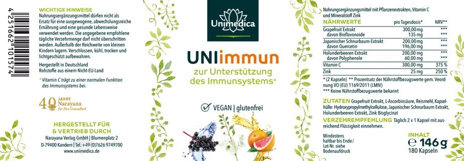 UNIimmun  pour fonctionnement normal du système immunitaire avec de la vitamine C et du zinc - 180 gélules - Unimedica