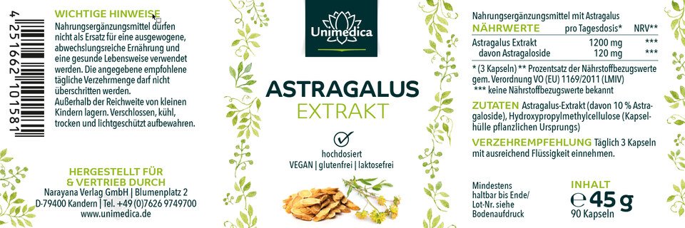 Astragalus - 1.200 mg pro Tagesdosis - 10 % Astragaloside - 90 Kapseln - von Unimedica