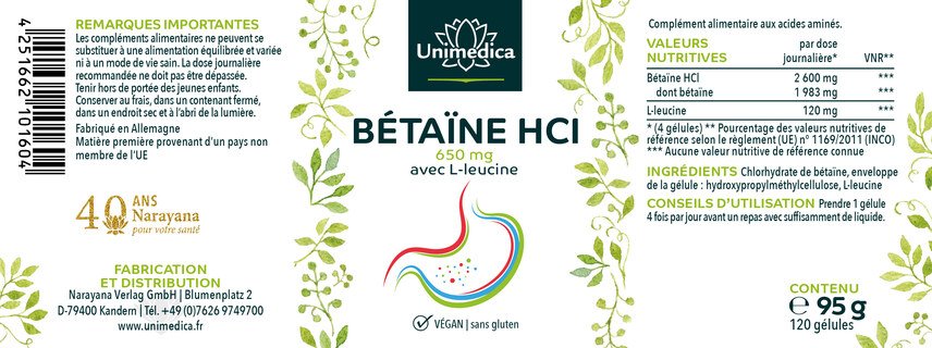 Bétaïne HCl avec L-Leucine - 2.600 mg par dose journalière (4 gélules) - 120 gélules - de Unimedica