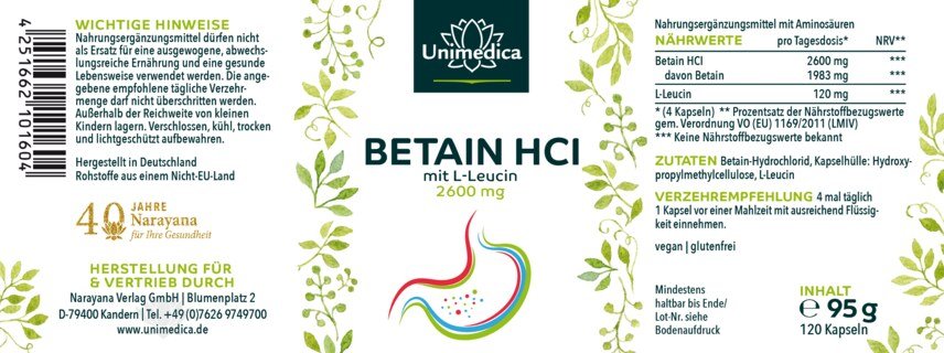 Betain HCl mit L-Leucin - 2.600 mg pro Tagesdosis (4 Kapseln) - 120 Kapseln - von Unimedica