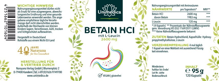 Betain HCl mit L-Leucin - 2.600 mg pro Tagesdosis (4 Kapseln) - 120 Kapseln - von Unimedica