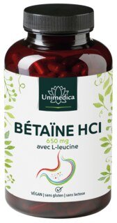 Bétaïne HCl avec L-Leucine - 2.600 mg par dose journalière (4 gélules) - 120 gélules - de Unimedica