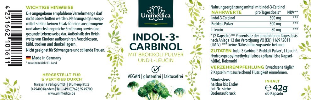 Indol-3-Carbinol mit Brokkoli Pulver und L-Leucin - 500 mg Tagesdosis - 60 Kapseln - von Unimedica