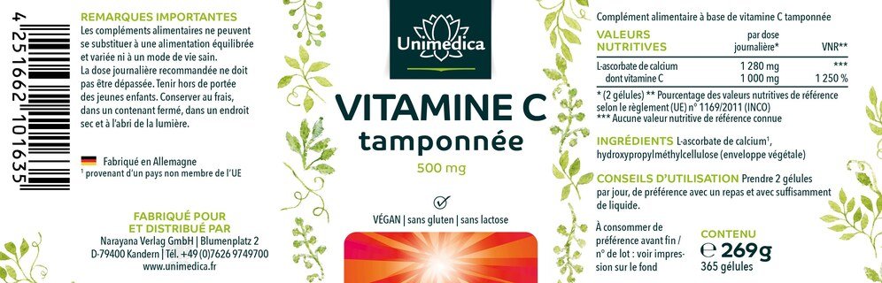 Vitamine C tamponnée - 1 000 mg par dose journalière - 99 % de pureté - 365 gélules - Unimedica