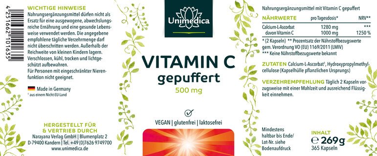 Vitamin C gepuffert - 1.000 mg pro Tagesdosis (2 Kapseln) - 99 % Reinheit - 365 Kapseln - von Unimedica