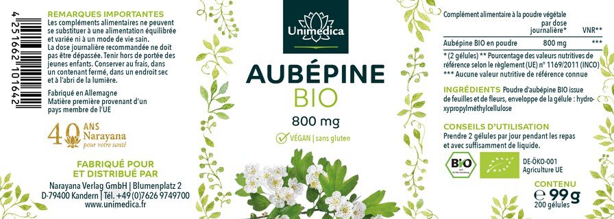 Aubépine BIO - 800 mg - 200 gélules - Unimedica