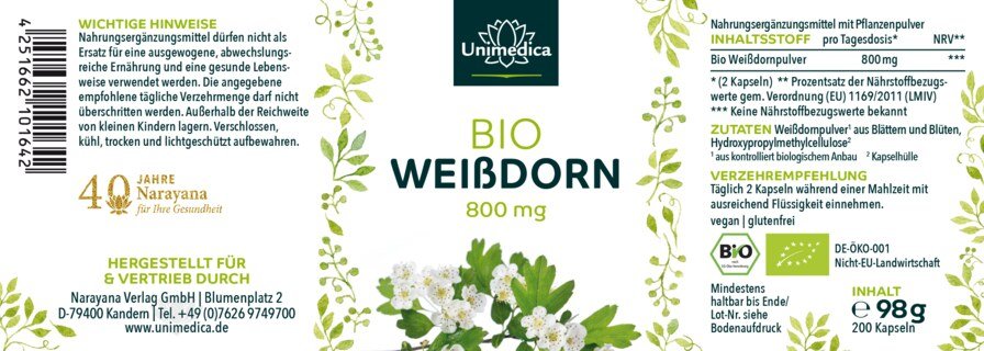 Bio Weißdorn - 800 mg pro Tagesdosis (2 Kapseln) - 200 Kapseln - von Unimedica