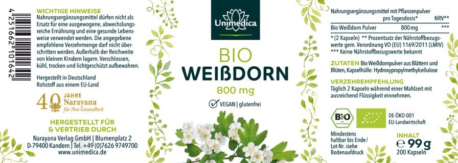 Bio Weißdorn - 800 mg pro Tagesdosis (2 Kapseln) - 200 Kapseln - von Unimedica