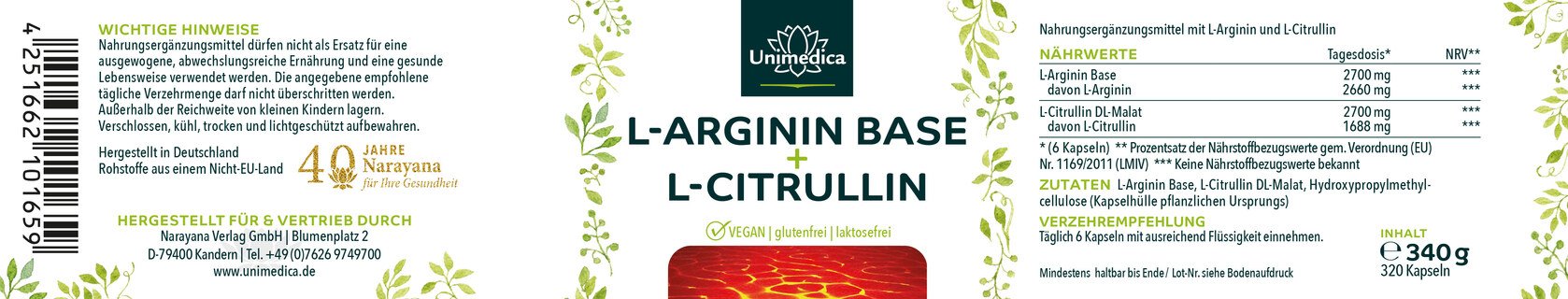 L-arginine Base + L-citrulline - 2.700 mg de L-arginine Base - 320 gélules - Unimedica
