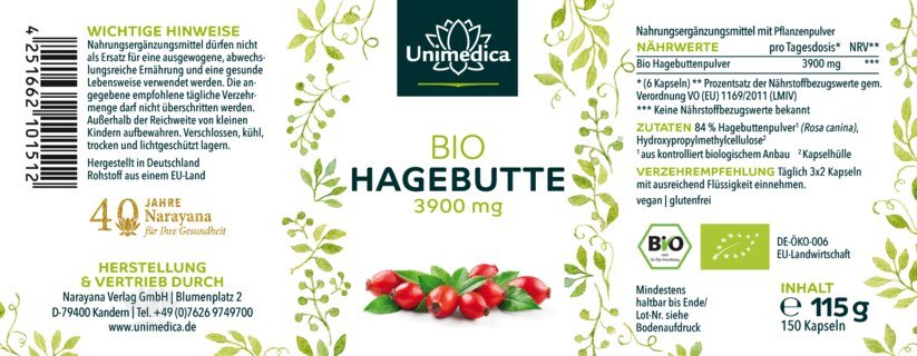 Bio Hagebutten - 3900 mg pro Tagesdosis (3 x 2 Kapseln) - 150 Kapseln - von Unimedica