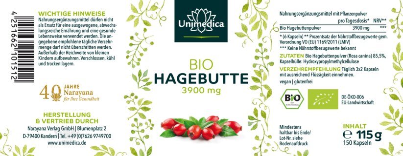 Bio Hagebutten - 3900 mg pro Tagesdosis (3 x 2 Kapseln) - 150 Kapseln - von Unimedica