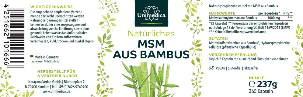 Natürliches MSM aus Bambus - 365 Kapseln - von Unimedica