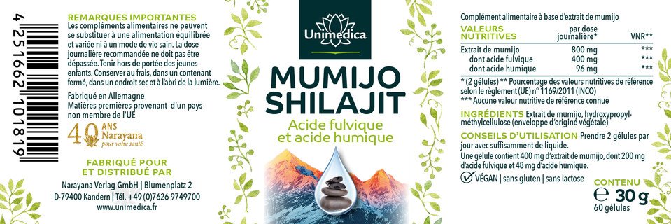 Mumijo Shilajit - 800 mg - "acide humique" et acide fulvique de l'Himalaya - 60 gélules - Unimedica