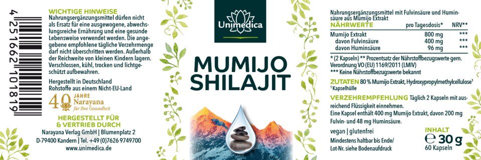 Mumijo Shilajit - 800 mg pro Tagesdosis (2 Kapseln) - Huminsäure und Fulvinsäure aus dem Himalaya - 60 Kapseln - von Unimedica