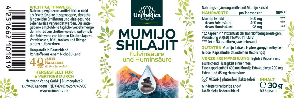 Mumijo Shilajit - 800 mg pro Tagesdosis (2 Kapseln) - Huminsäure und Fulvinsäure aus dem Himalaya - 60 Kapseln - von Unimedica