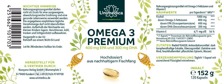 Omega 3 - Premium Fischöl mit 400 mg EPA und 300 mg DHA - hochdosiert - aus nachhaltigem Fischfang - 1.000 mg pro Tagesdosis (1 Kapsel) - 120 Softgelkapseln - von Unimedica