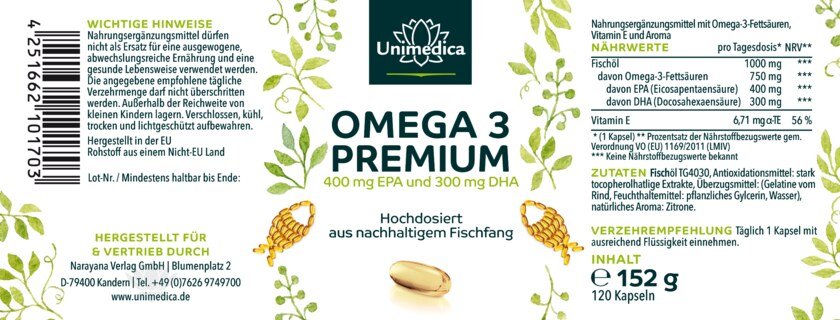 Omega 3 - Premium Fischöl mit 400 mg EPA und 300 mg DHA - hochdosiert - aus nachhaltigem Fischfang - 1.000 mg pro Tagesdosis (1 Kapsel) - 120 Softgelkapseln - von Unimedica