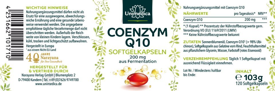 Coenzym Q10 - 200 mg - 120 Softgelkapseln - von Unimedica