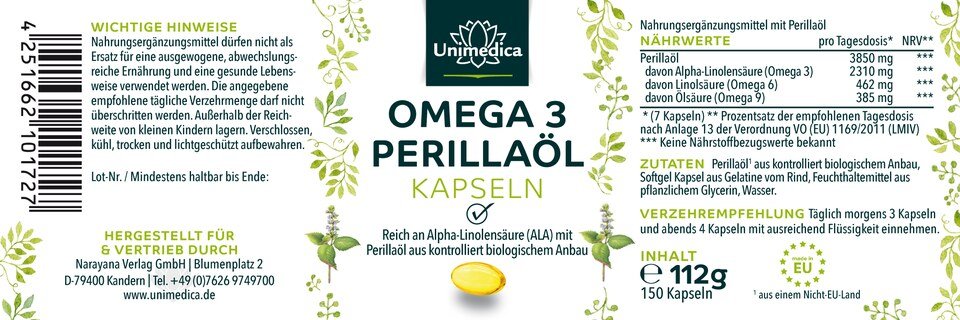 Omega 3 Perillaöl - reich an Alpha-Linolensäure (60%) - 150 Softgelkapseln - von Unimedica
