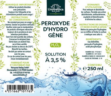 Peroxyde d'hydrogène 3,5 %  H2O2  qualité alimentaire  250 ml  par Unimedica