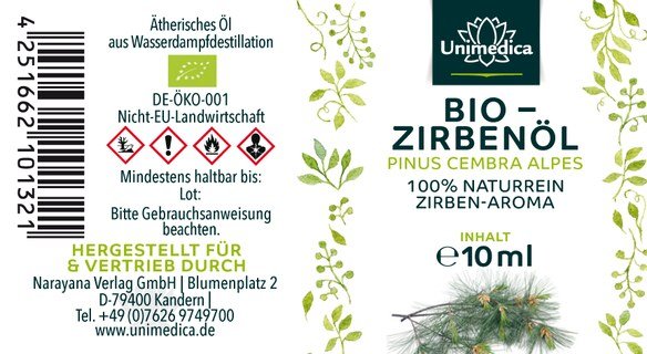 Bio Zirbenöl - 100% naturreines Arvenöl - Zirben-Aroma - ätherisches Öl - 10 ml - von Unimedica - 3 x 10 ml