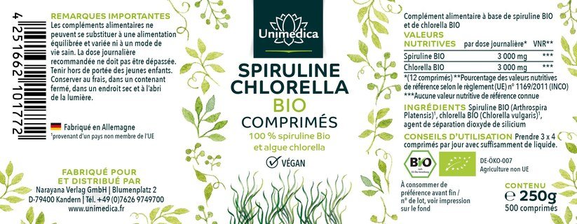 Spiruline BIO et chlorella BIO  3 000 mg - 1:1 - 500 comprimés - Unimedica