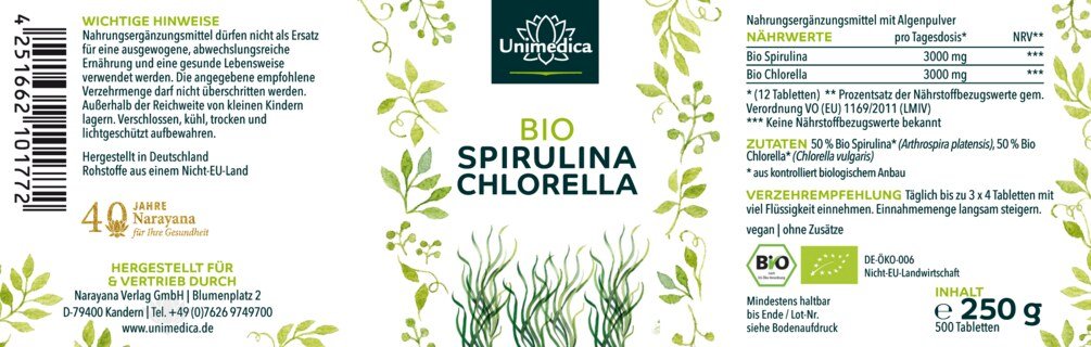 Bio Spirulina und Bio Chlorella - jeweils 3.000 mg pro Tagesdosis (3 x 4 Tabletten) - im Verhältnis 1 : 1 - 500 Tabletten - von Unimedica