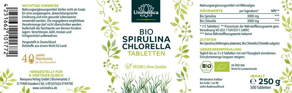 Bio Spirulina und Bio Chlorella - jeweils 3.000 mg pro Tagesdosis (3 x 4 Tabletten) - im Verhältnis 1 : 1 - 500 Tabletten - von Unimedica