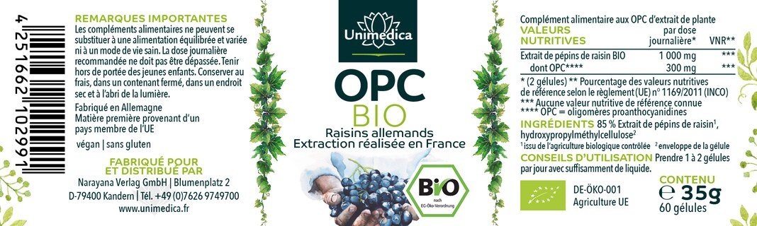 OPC BIO  avec une teneur en OPC pur de 30 % - hautement dosé - 60 gélules - par Unimedica