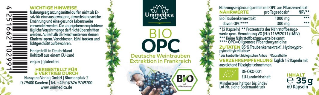 Bio OPC - mit 30 % reinem OPC-Gehalt - 300 mg OPC pro Tagesdosis (2 Kapseln) - 60 Kapseln - von Unimedica