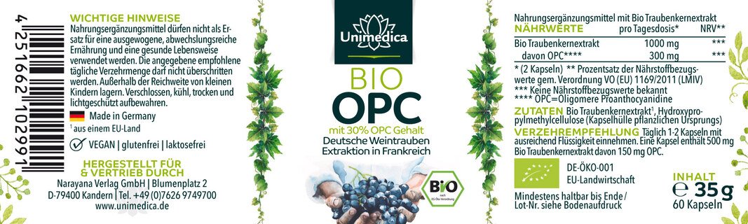 Bio OPC - mit 30 % reinem OPC Gehalt - 300 mg OPC pro Tagesdosis - 60 Kapseln - von Unimedica