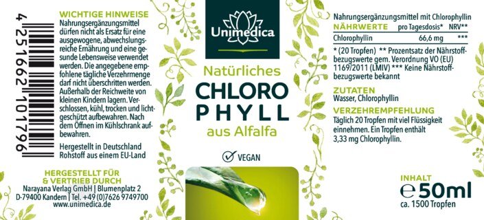 Chlorophyll Tropfen - aus Alfalfa - 66,6 mg pro Tagesdosis ( 20 Tropfen) - 50 ml - von Unimedica