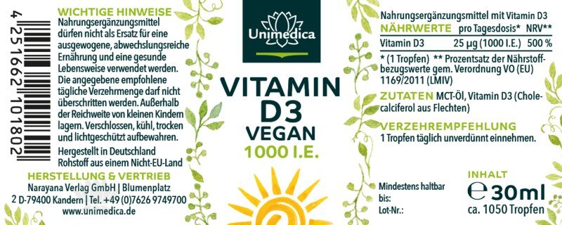 Veganes Vitamin D3 - Vegan aus Flechten - 1.000 I.E./25µg - 30 ml - von Unimedica