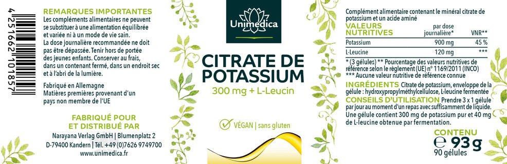 Citrate de potassium avec L-leucine - 300 mg - 90 gélules - Unimedica