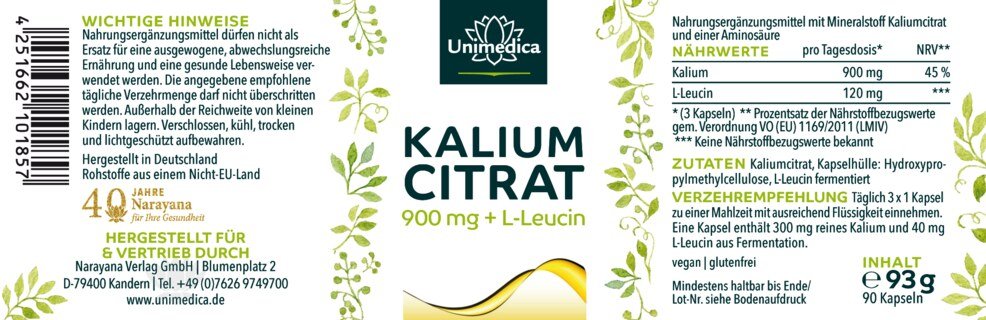 Kaliumcitrat mit L-Leucin - 900 mg pro Tagesdosis (3 Kapseln) - 90 Kapseln - von Unimedica