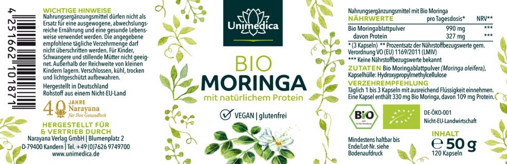 Bio Moringa - 990 mg pro Tagesdosis (3 Kapseln) - 120 Kapseln - von Unimedica